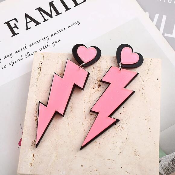 Pink & Black Lightning Bolt Acrylic Earrings with Heart Top - Picture 2 of 9